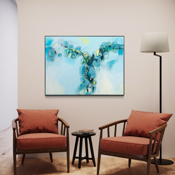 The artwork, Cairns of Teal Jewels, by Ann Flemings, displayed in a room.