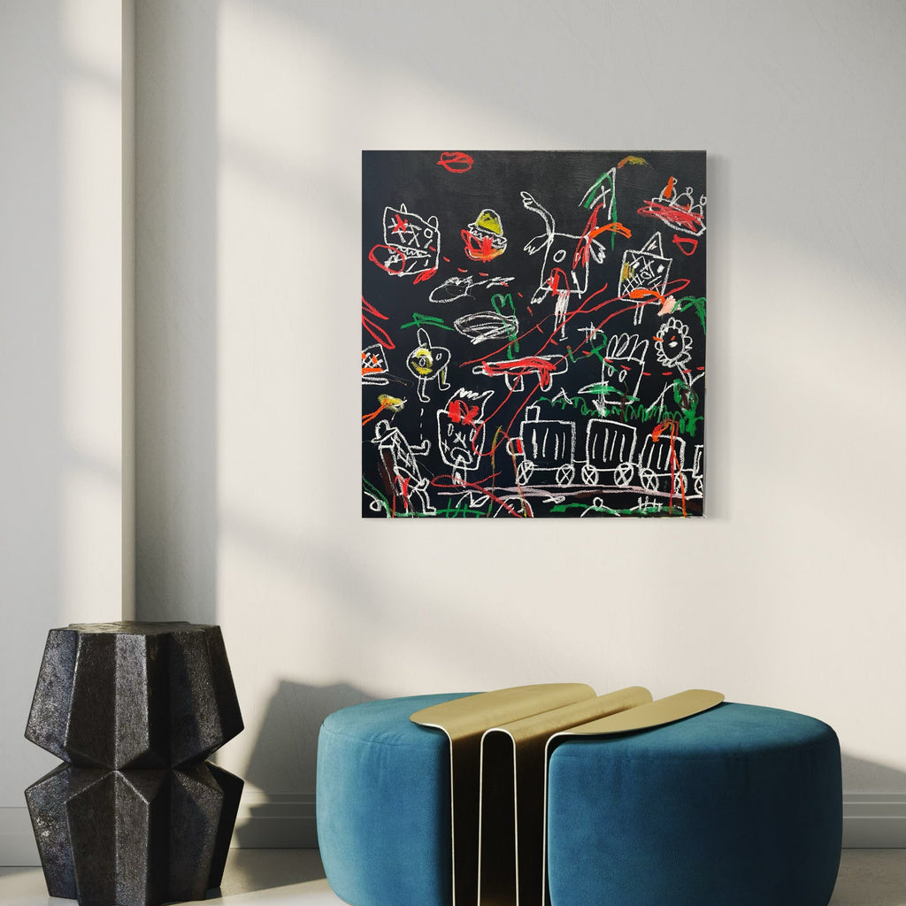 The artwork 'Candy Land' by Andrew Chan features whimsical chalk-like drawings on a black canvas, depicting playful characters, a train, and floating objects in vibrant red, green, and yellow outlines. The composition creates a childlike, imaginative scene with abstract figures and geometric shapes arranged in a dynamic, storytelling layout on a 32x30 inch acrylic canvas.