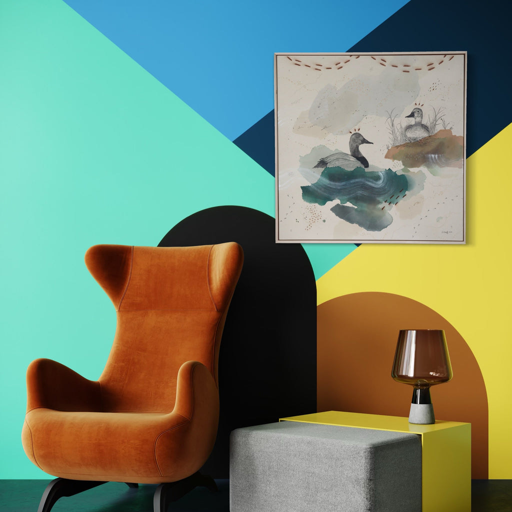 The artwork, Canvasback, Regal Diver, by Alicia Hauff, displayed in a room.