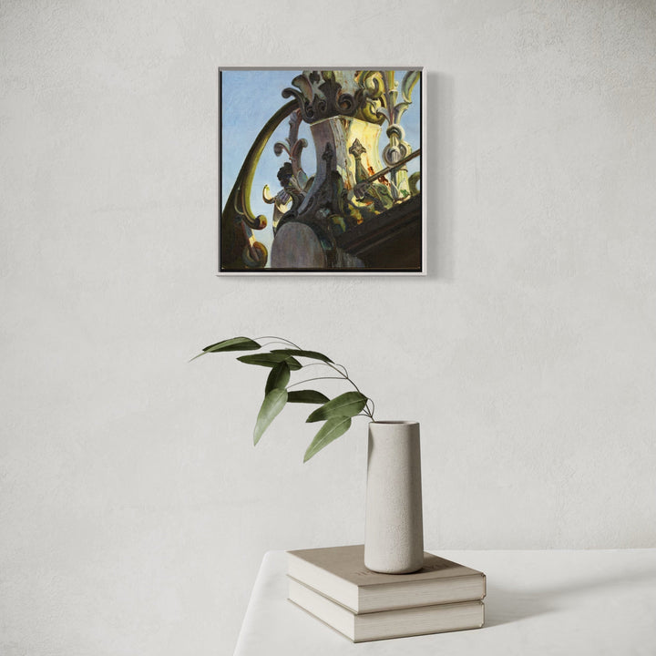 The artwork, Cast Iron Bridge: Railing in a Cerulean Sky, by Jessica Ziegler, displayed in a room.