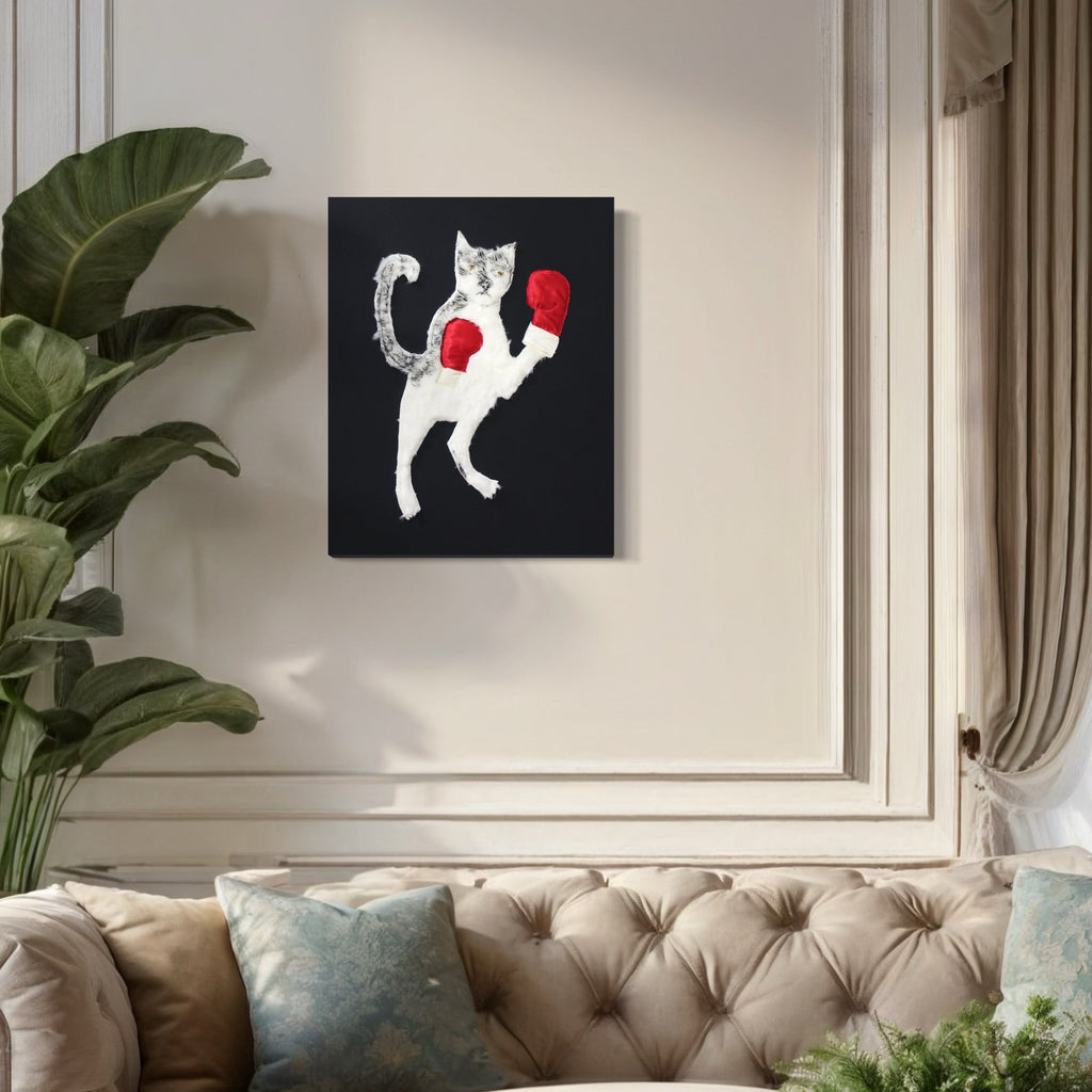 The artwork 'Cat Fight' by Ali Ha features a playful white cat wearing red boxing gloves against a black background, crafted through fabric collage and applique technique. The whimsical textile artwork displays intricate stitching details and acrylic paint accents, creating a striking contrast between the white feline silhouette and dark canvas. By Ali Ha.