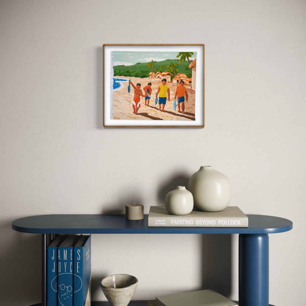 Catch of the Day by Alimo shows four people walking along a sunlit beach holding freshly caught fish, set against palm trees and distant hills, rendered in a warm, simplified style that captures a relaxed coastal fishing moment with subtle, natural colors.