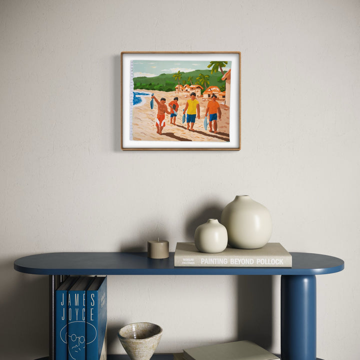 Catch of the Day by Alimo shows four people walking along a sunlit beach holding freshly caught fish, set against palm trees and distant hills, rendered in a warm, simplified style that captures a relaxed coastal fishing moment with subtle, natural colors.