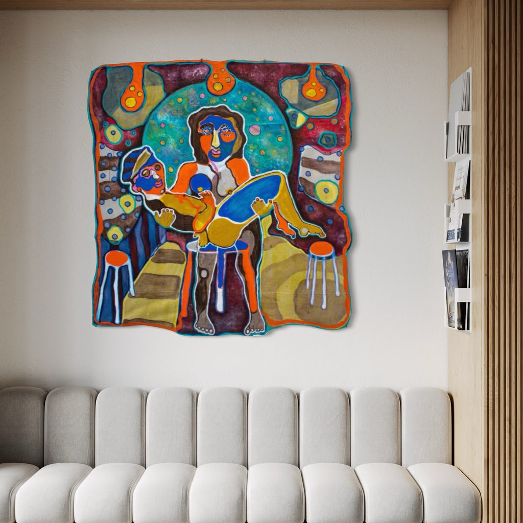 The artwork, Caught by the Mail Lady, by Laurie Shapiro, displayed in a room.