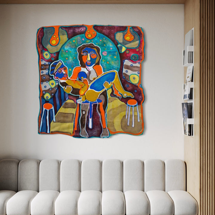The artwork, Caught by the Mail Lady, by Laurie Shapiro, displayed in a room.