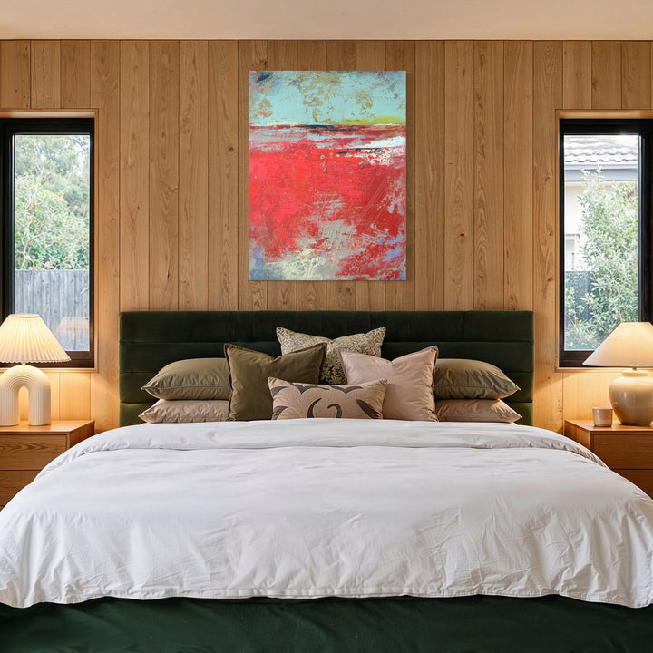 The artwork, Cerise Harbor, by Victoria Primicias, displayed in a room.