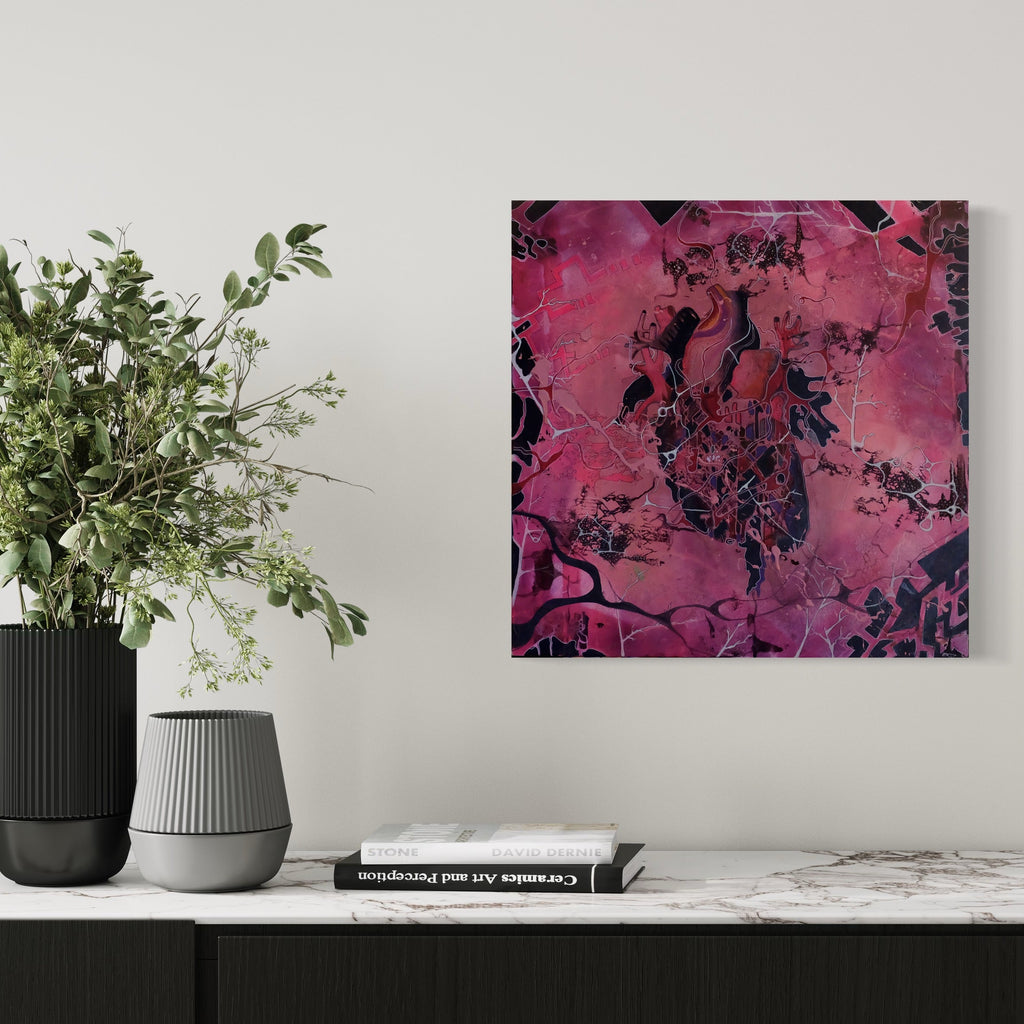 The artwork 'ChestCavity' by Devin Ruiz features an abstract mixed media composition with deep magenta and black tones. Intricate organic patterns flow across the canvas, resembling anatomical structures with vein-like tendrils and shadowy cavities. The 24x24 inch piece displays a rich textural quality with splattered effects and fluid transitions between dark and light areas.