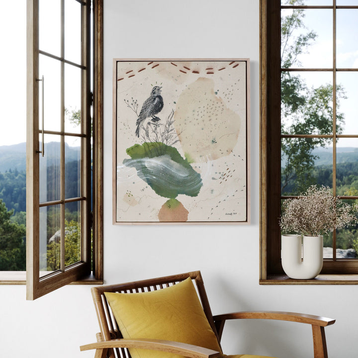 The artwork, Chestnut Collared Longspur, Warbling in the Shortgrass, by Alicia Hauff, displayed in a room.