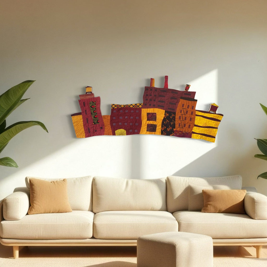 The artwork 'Cityscape with Smokestacks and Two Towers' by Ann Cofta features a whimsical quilted cityscape in warm burgundy, yellow, and orange tones. Abstract buildings with geometric patterns and industrial smokestacks create a playful urban silhouette. Hand-quilted textile art combines fabric applique and paint, mounted on beige wall with decorative plants framing sides. By Ann Cofta.