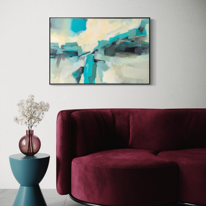 The artwork, Climbing Up the Cliffs, by Ann Flemings, displayed in a room.