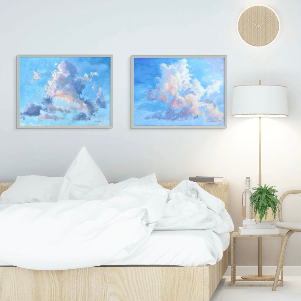 The artwork, Cloud Study Diptych, by Carla Thomson, displayed in a room.