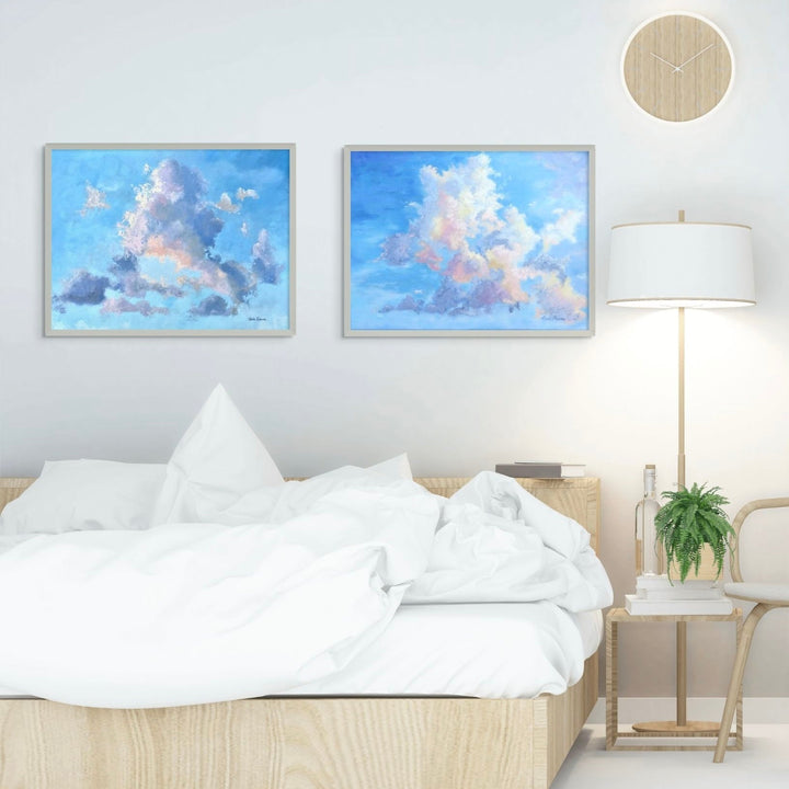 The artwork, Cloud Study Diptych, by Carla Thomson, displayed in a room.