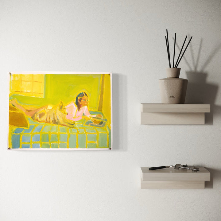 The artwork, Couch Poems [reading in the afternoon with Ladybird], by Chelsie Sunde, displayed in a room.