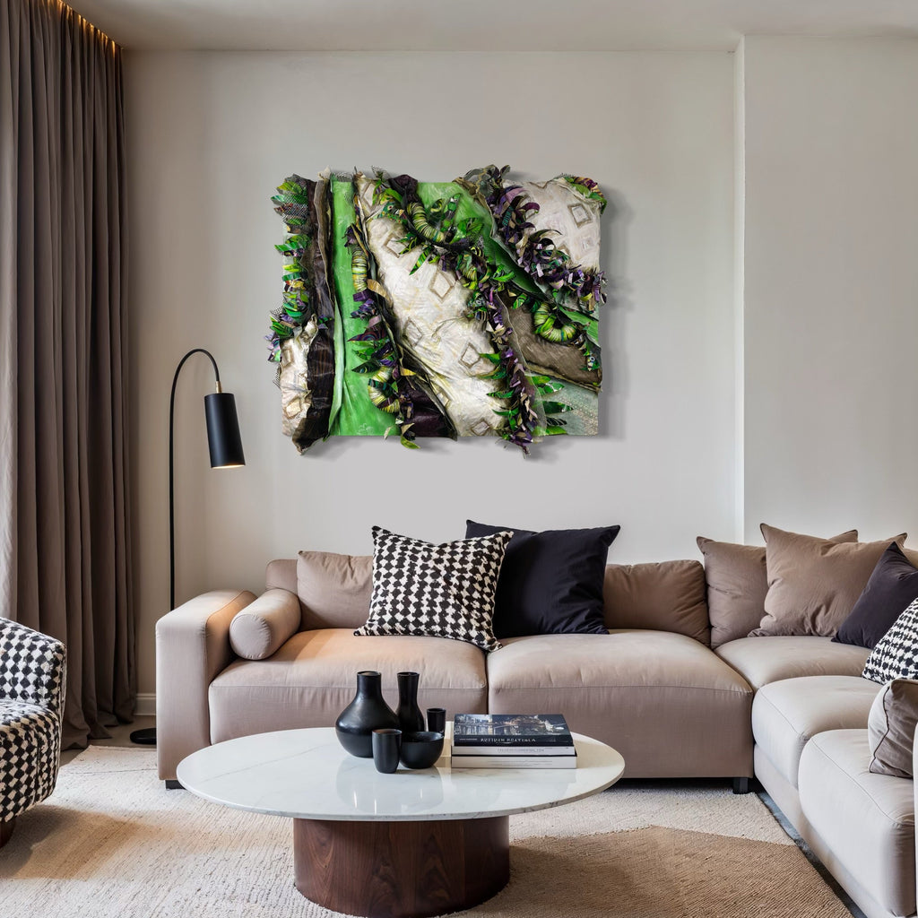 The artwork, Crafty Collaboration 9, by Christina Massey, displayed in a room.