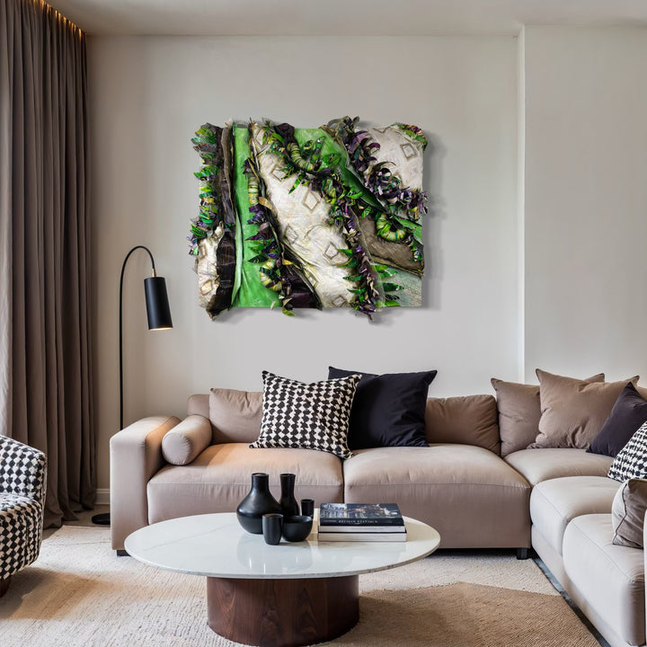 The artwork, Crafty Collaboration 9, by Christina Massey, displayed in a room.