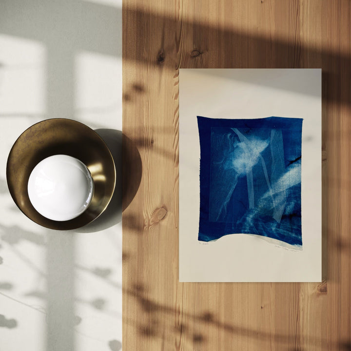 The artwork, Cyanotype Veil 1 , by Starr Tucker-Ortega, displayed in a room.