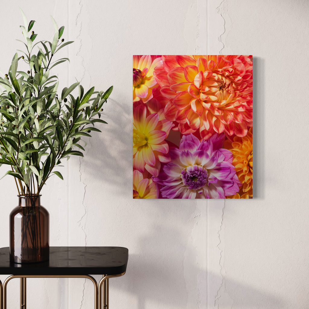 The artwork 'Dahlia StudyFigure 1' by Dirk Westphal features vibrant macro photography of dahlia blooms in stunning coral, yellow, and magenta hues. The detailed petals create a mesmerizing spiral pattern, showcasing the natural geometry and layered texture of these ornamental flowers in a 24x20 inch signed photo print.