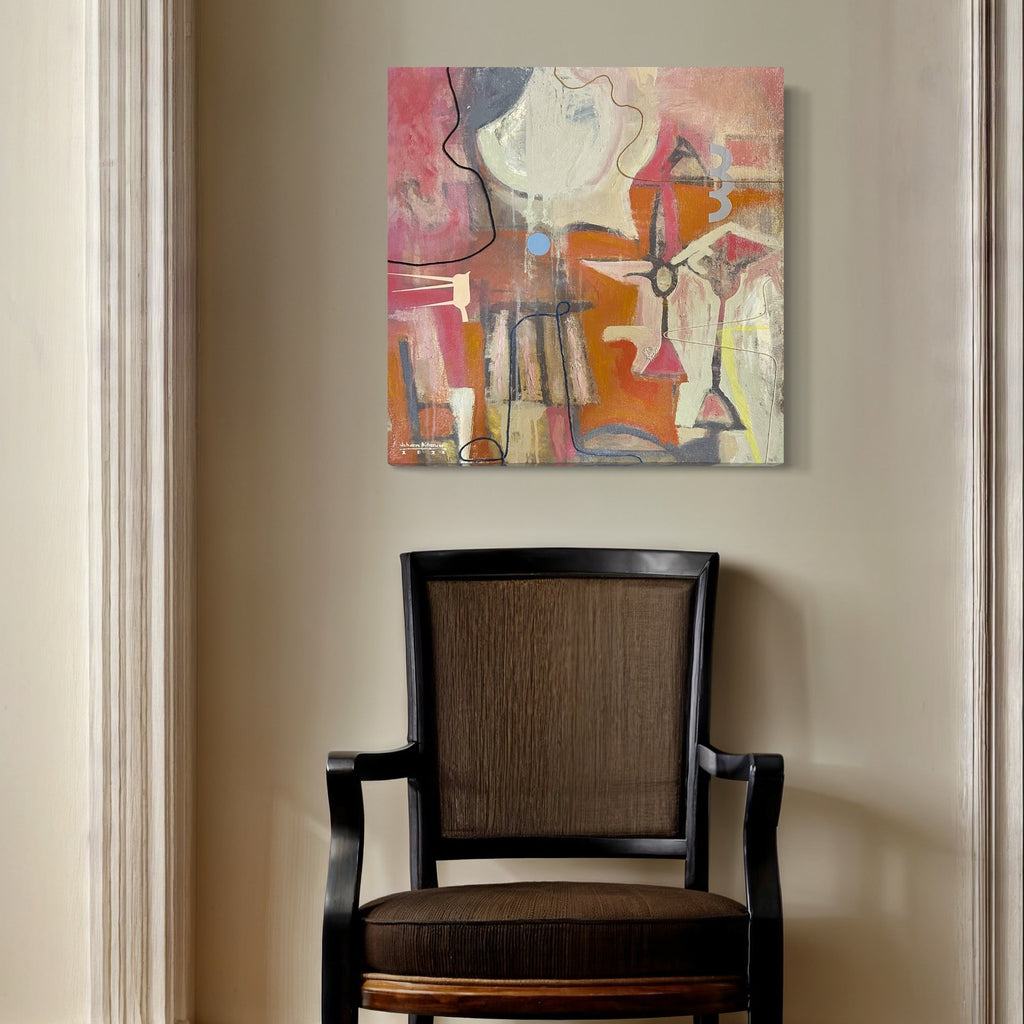 A photo of the artwork Daughter and Toys 2, by Jose Johann Bitancor, hanging on a wall.