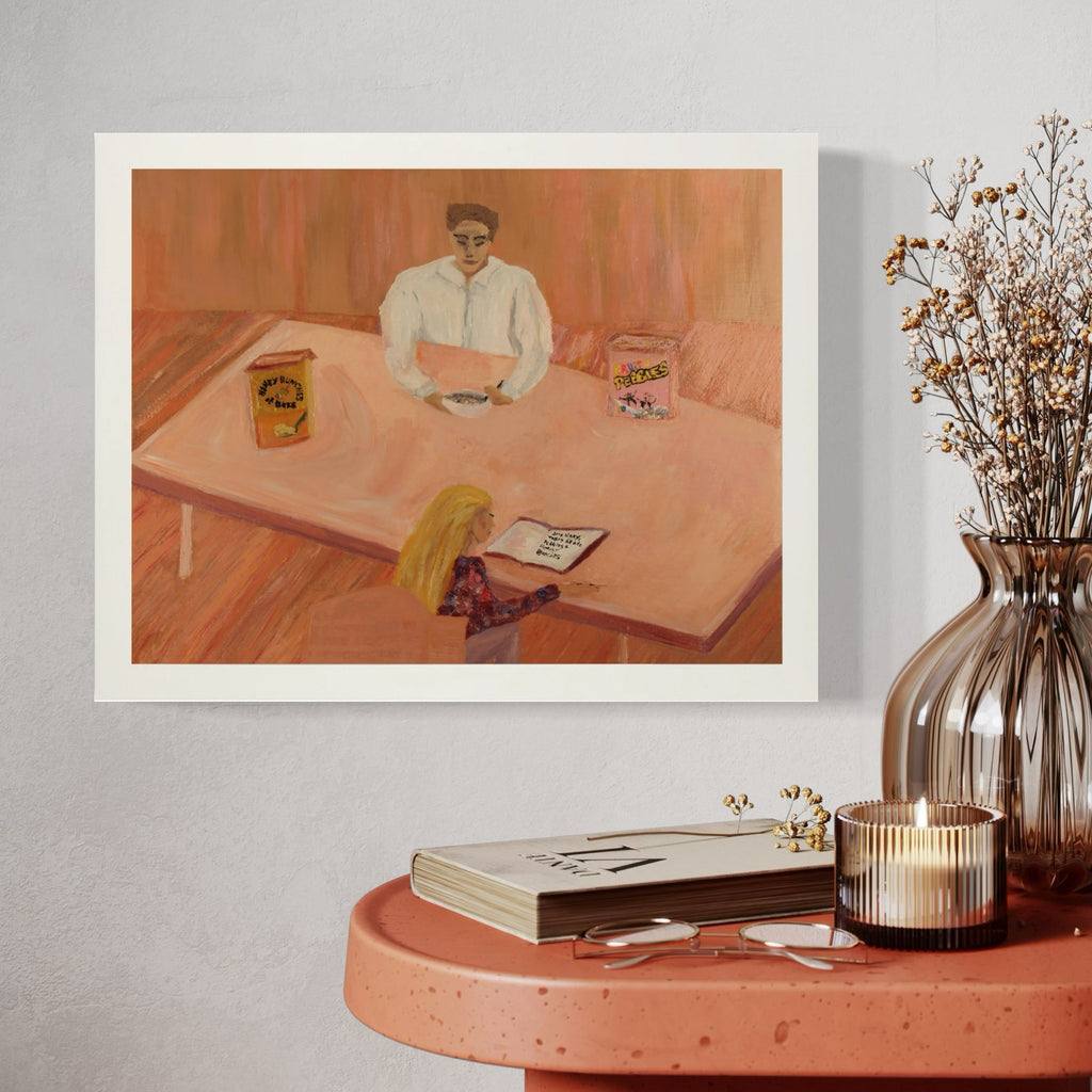 The artwork 'Dear Diary' by Ali Ha depicts a serene domestic scene in warm peachy tones, showing a table with a figure seated at it and vintage-style product boxes. The oil painting on canvas captures a moment of contemplation in soft, muted coral and blush hues, featuring gentle brushstrokes and subtle textures that create an intimate atmosphere. By Ali Ha.