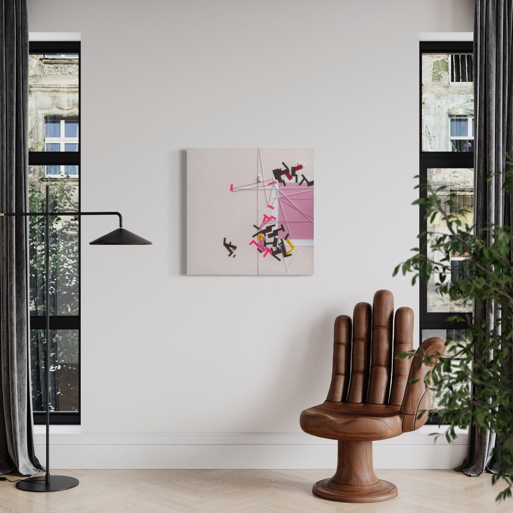 The artwork 'Decaler Nasieekuu' by Philippe Halaburda features abstract geometric shapes on a light background, with striking pink and black elements creating dynamic movement. The minimalist mixed media composition, measuring 30x30 inches, showcases angular forms and bold linear elements against a neutral canvas, creating a contemporary urban aesthetic by Philippe Halaburda.