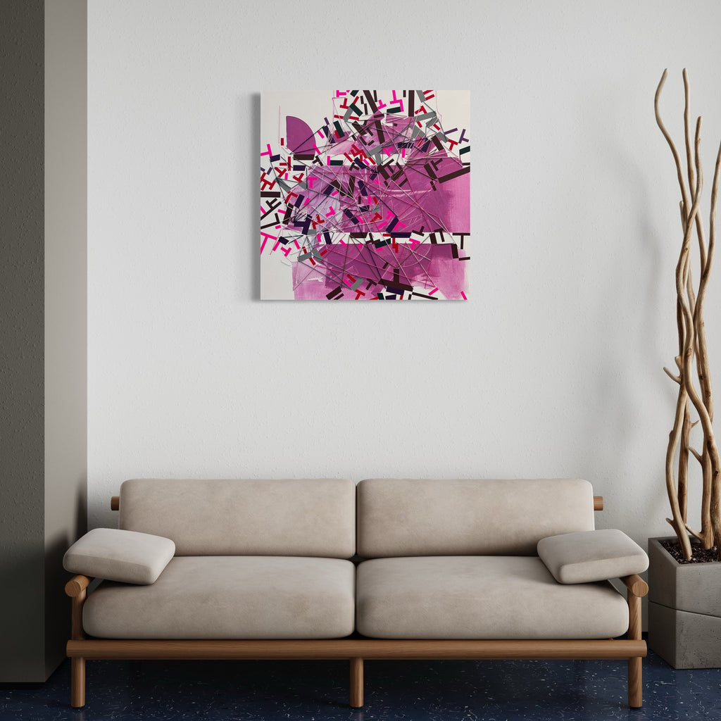The artwork 'Dedans Kyynsell' by Philippe Halaburda features an abstract geometric composition with vibrant pink and magenta shapes fragmenting across a white canvas. Black angular lines create dynamic patterns throughout, suggesting urban movement and architectural elements. The mixed media piece combines bold graphic elements with softer organic forms in a 36x36 inch format by Philippe Halaburda.