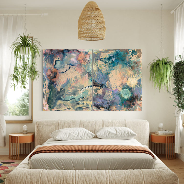 The artwork, Deja Vu (diptych), by Molly Herman, displayed in a room.