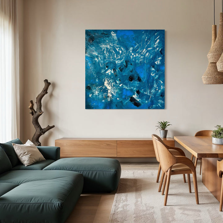 The artwork, Directions to Earth 5, by Albion Vu, displayed in a room.