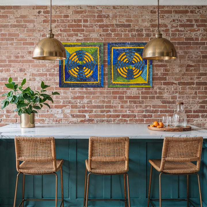 The artwork, EYE WHEEL, by Barbara Ellmann, displayed in a room.