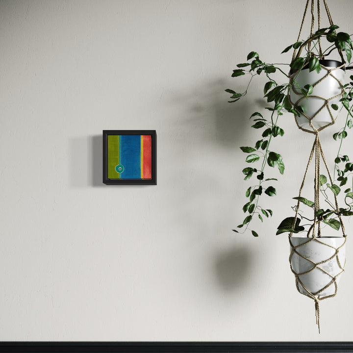 The artwork 'Earthly Marl' by Arthur Norcome features vertical color blocks in green, blue, and orange-red tones within a square black frame, complemented by a subtle circular detail. The 5x5 inch watercolor painting displays bold color transitions and minimalist geometric composition, creating a striking modern abstract design.