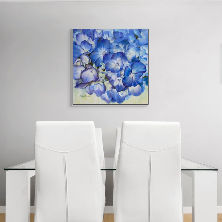 The artwork, Echoes of Blue, by Carla Thomson, displayed in a room.