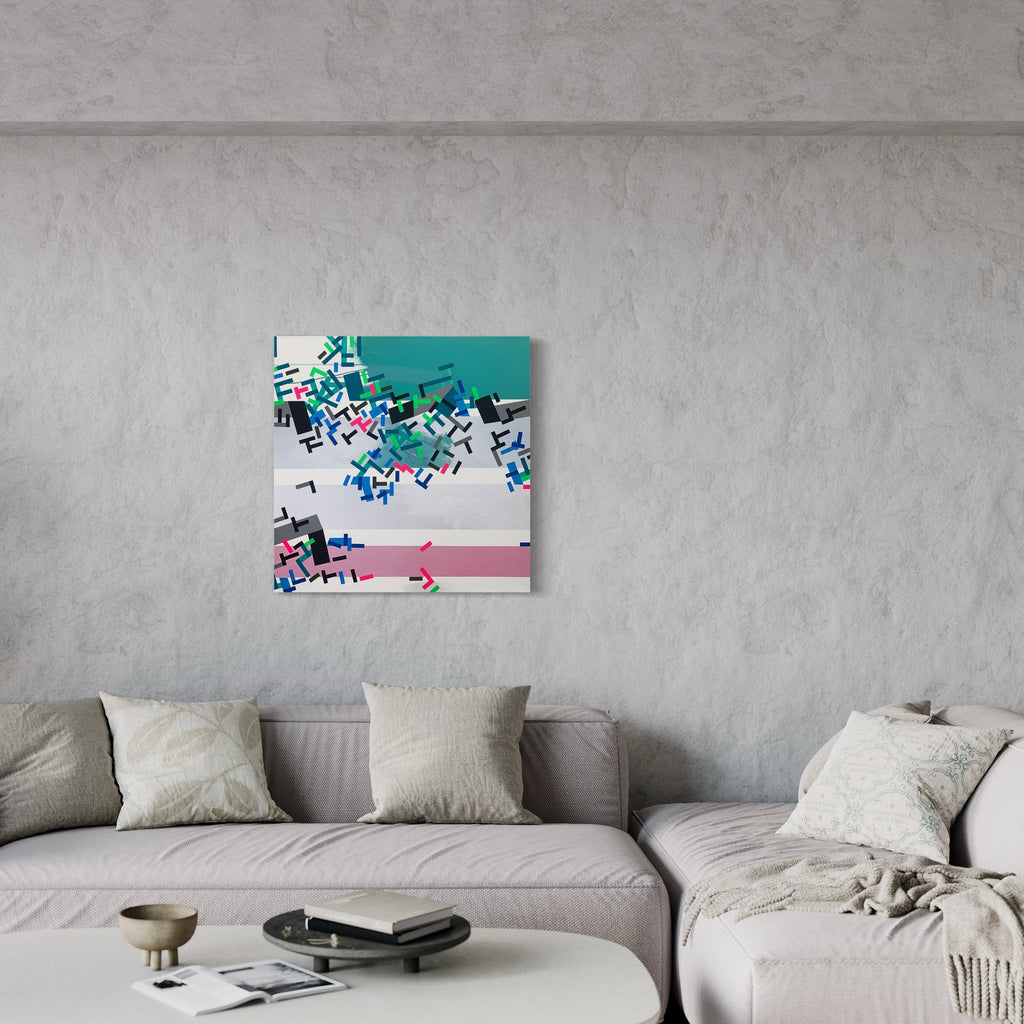 The artwork 'Ehvvenii' by Philippe Halaburda features a dynamic abstract composition with scattered geometric shapes in turquoise, blue, pink, and black against a white canvas. Angular fragments and tape elements create a sense of movement across horizontal bands, showcasing a contemporary mixed-media approach on a 30x30 inch canvas.