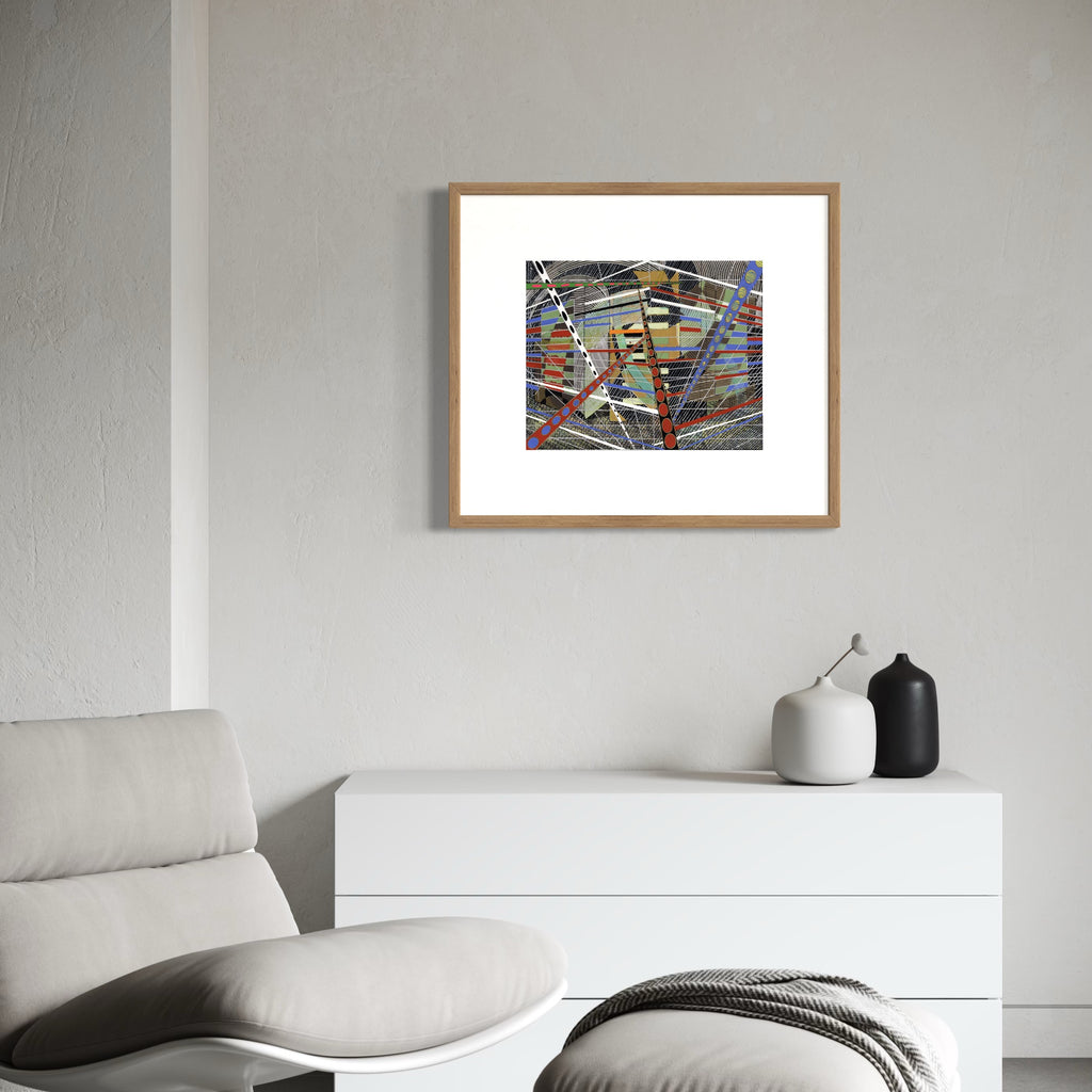 The artwork 'Electromagnetic Power Station' by Amy Cheng features dynamic intersecting lines and geometric patterns rendered in gouache and oil marker. White curved lines create a web-like structure across the composition, while bold red circles form diagonal paths. Abstract shapes in muted greens, blues, and earth tones layer beneath crisp white strokes, suggesting industrial energy and mechanical movement.