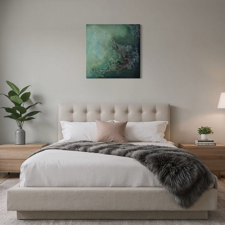 The artwork, Emerald Drift, by Abbey Stace, displayed in a room.