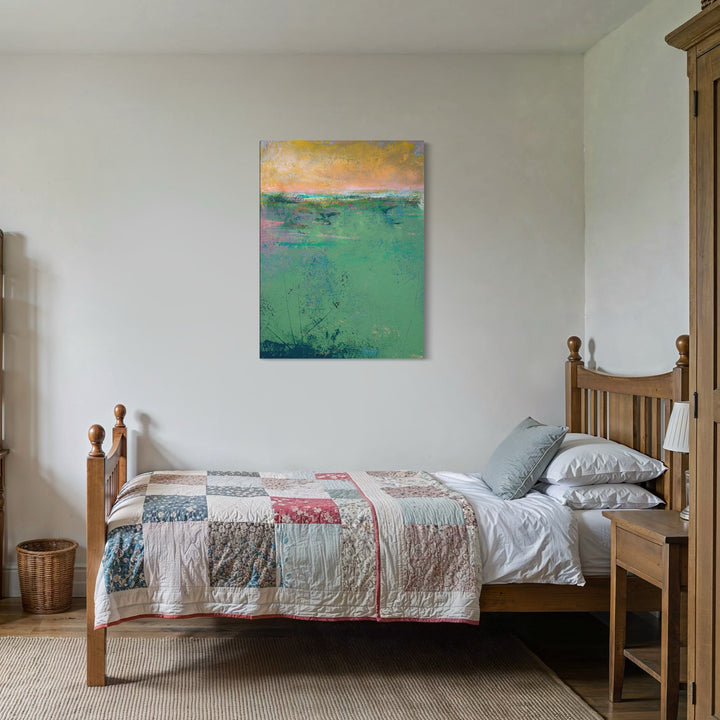 The artwork, Emerald Reverie, by Victoria Primicias, displayed in a room.