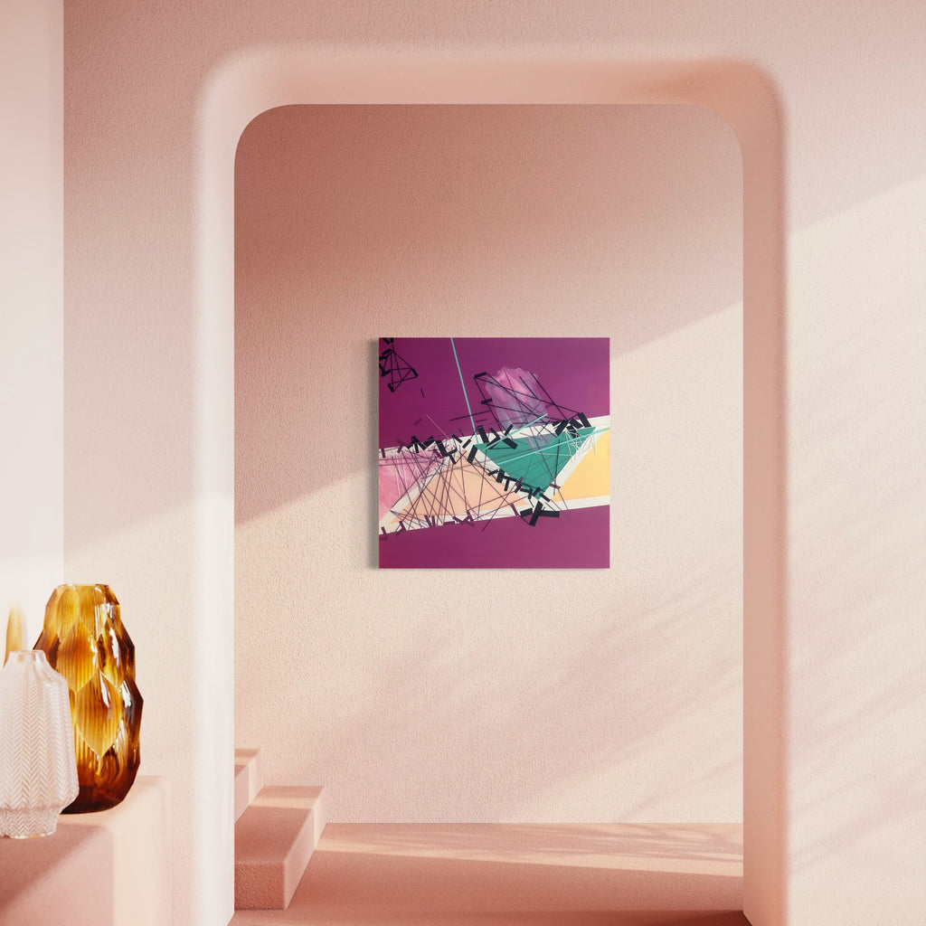The artwork 'Enclin Shhivaam' by Philippe Halaburda features a dynamic abstract composition with geometric fragments in purple, turquoise, and yellow tones. Black linear elements create intricate patterns across the canvas, dividing the color blocks into angular segments. The mixed media piece presents a modern, fragmented aesthetic displayed against a soft pink wall with natural lighting by Philippe Halaburda.