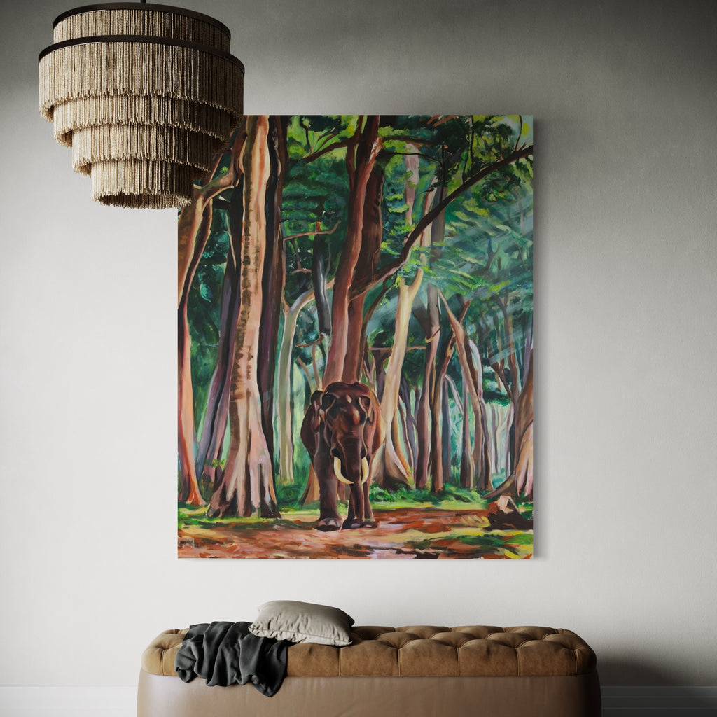 The artwork 'Encounter' by Claudia Robles-Gil features a majestic elephant walking through a lush forest path, surrounded by tall trees with brown trunks and vibrant green foliage. The oil and acrylic painting captures dappled sunlight filtering through the canopy, creating a mysterious and enchanting woodland atmosphere on a 60x48 inch canvas.