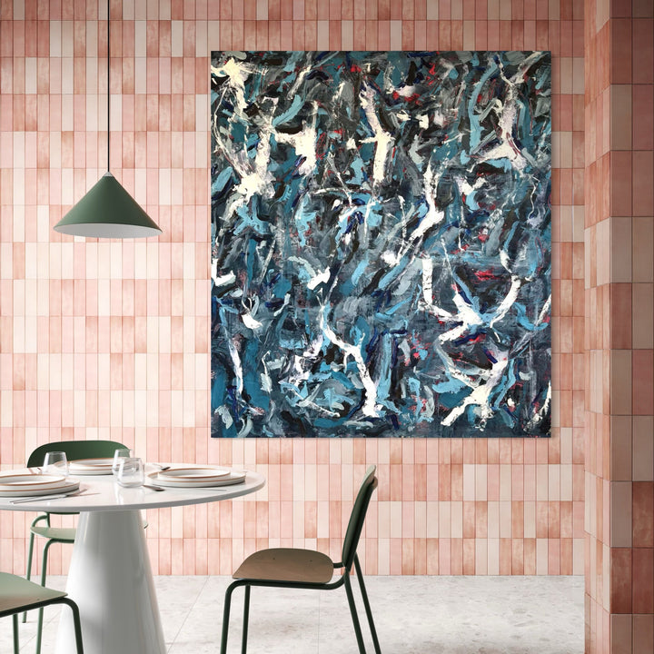 The artwork, End of December 4, by Albion Vu, displayed in a room.