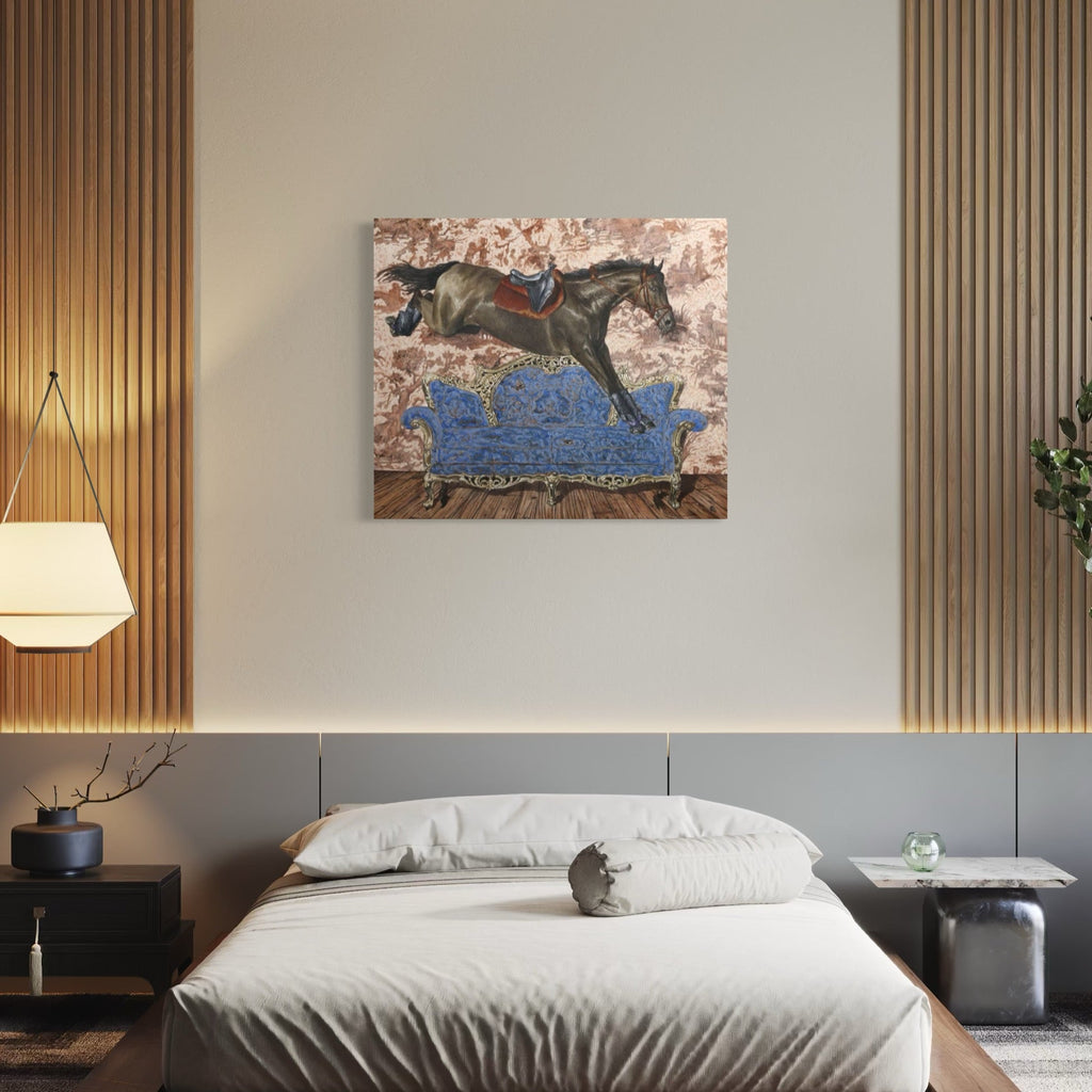 The artwork 'Equestrian Style and Decor II' by Carlos Gamez de Francisco features a dramatic oil painting of a dark horse in mid-leap against a textured background of muted rose and cream tones. The horse, rendered in rich dark colors, contrasts against a striking blue surface below, creating a dynamic composition that captures the grace and power of equestrian movement. The masterful brushwork and oil medium create depth and atmosphere.