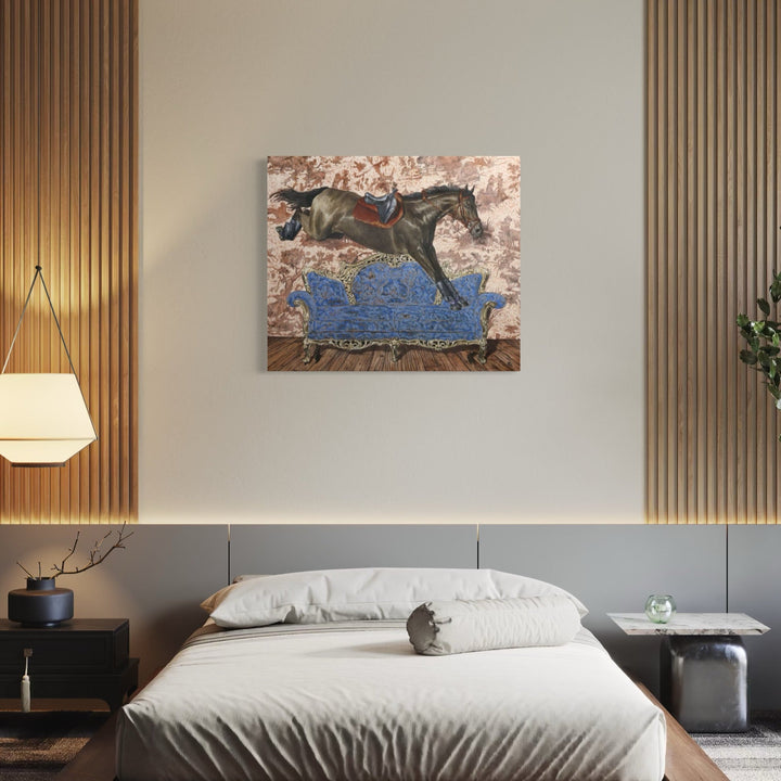 The artwork 'Equestrian Style and Decor II' by Carlos Gamez de Francisco features a dramatic oil painting of a dark horse in mid-leap against a textured background of muted rose and cream tones. The horse, rendered in rich dark colors, contrasts against a striking blue surface below, creating a dynamic composition that captures the grace and power of equestrian movement. The masterful brushwork and oil medium create depth and atmosphere.