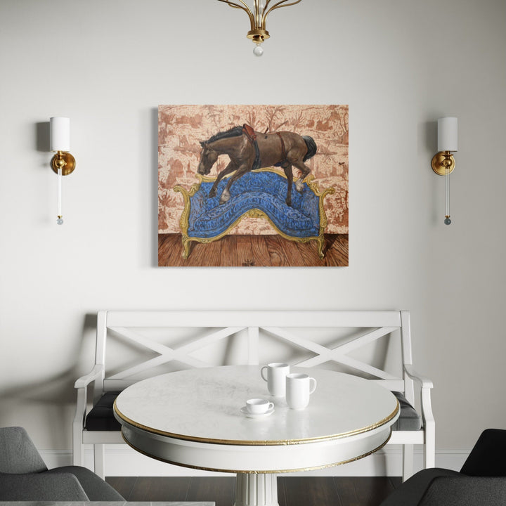 Equestrian Style and Decor IV by Carlos Gamez de Francisco depicts a dark brown horse gracefully positioned atop a vibrant blue curved surface against a textured rose-colored background. The oil painting combines classical equestrian art with contemporary styling, showcasing detailed brushwork on both the horse's muscular form and the decorative base.