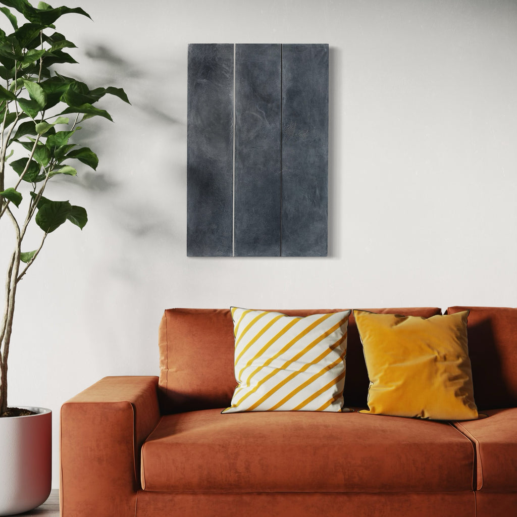 Erasure 31 by Erika Mahr features minimalist vertical lines on charcoal gray panel, creating subtle textural depth with mixed media