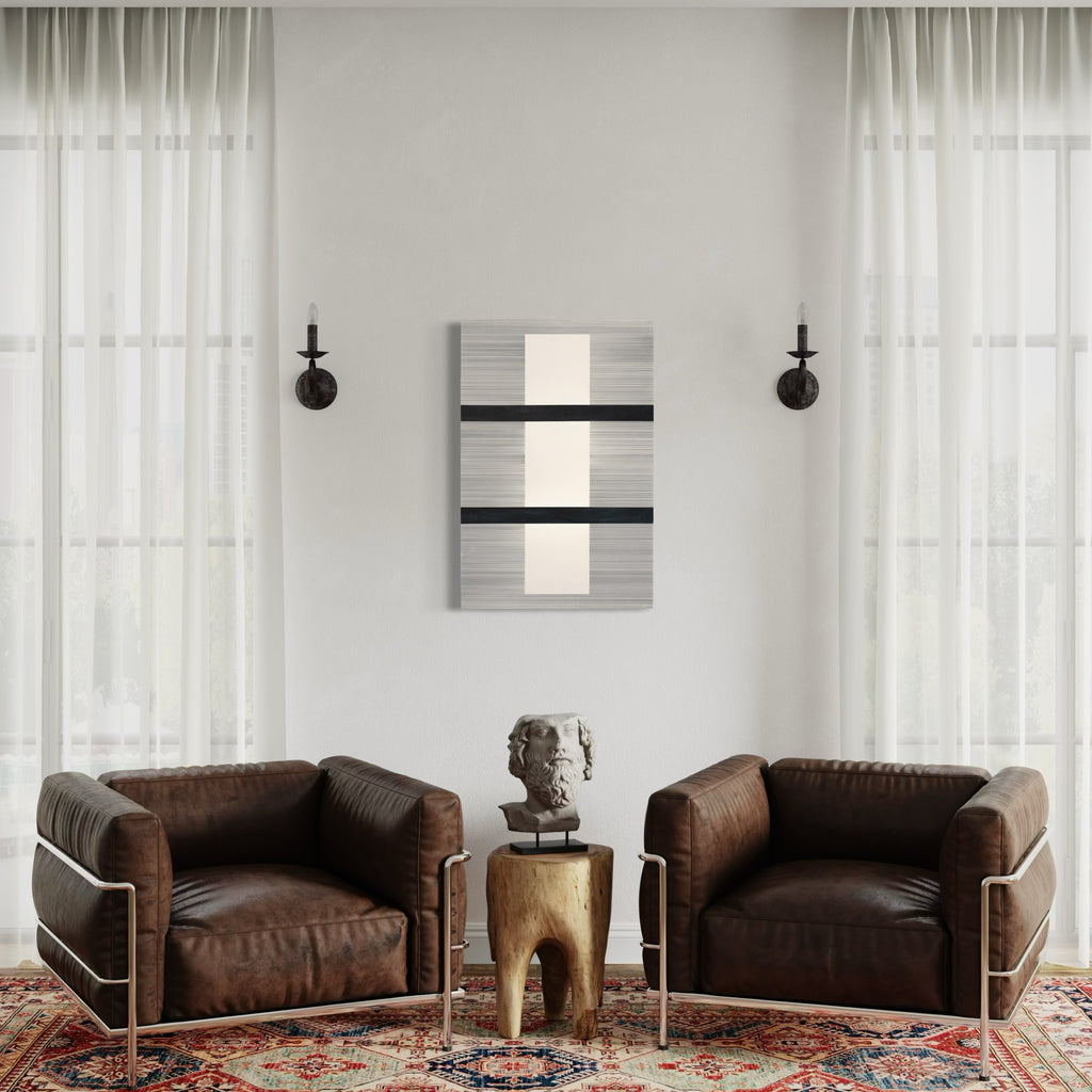 Erasure 36 by Erika Mahr: Abstract minimalist artwork with vertical white bands intersected by bold black stripes on grey textured panel