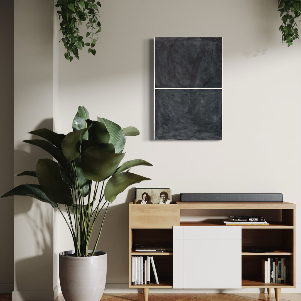 Erasure 37: Abstract diptych in deep charcoal tones with textured brushwork and minimal geometric composition by Erika Mahr