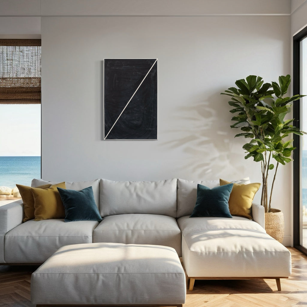 Erasure 38 by Erika Mahr: Minimalist abstract composition with stark white diagonal line across charcoal black panel, mixed media artwork