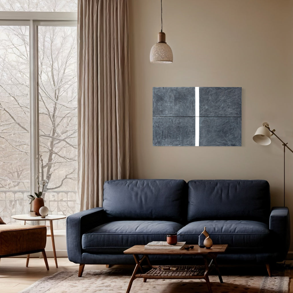 Erasure 39 by Erika Mahr: Abstract minimalist artwork featuring dark slate-blue panels divided by a stark white vertical line, charcoal and paint on panel
