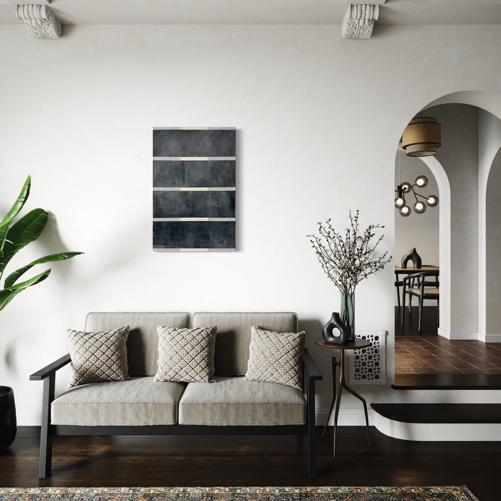 Erasure 45 by Erika Mahr: Abstract minimalist artwork featuring four horizontal dark gray bands on panel, displayed in modern living space