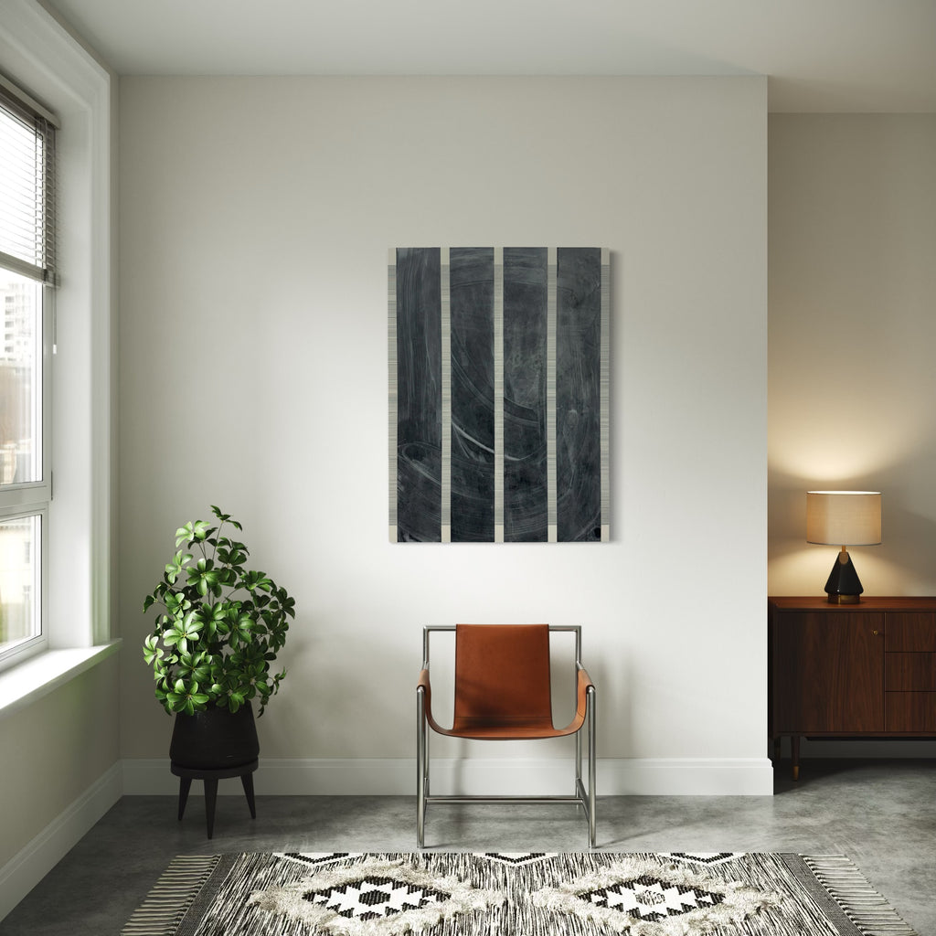 Erasure 46 by Erika Mahr: Abstract vertical panels in deep charcoal and graphite, featuring subtle linear markings on panel