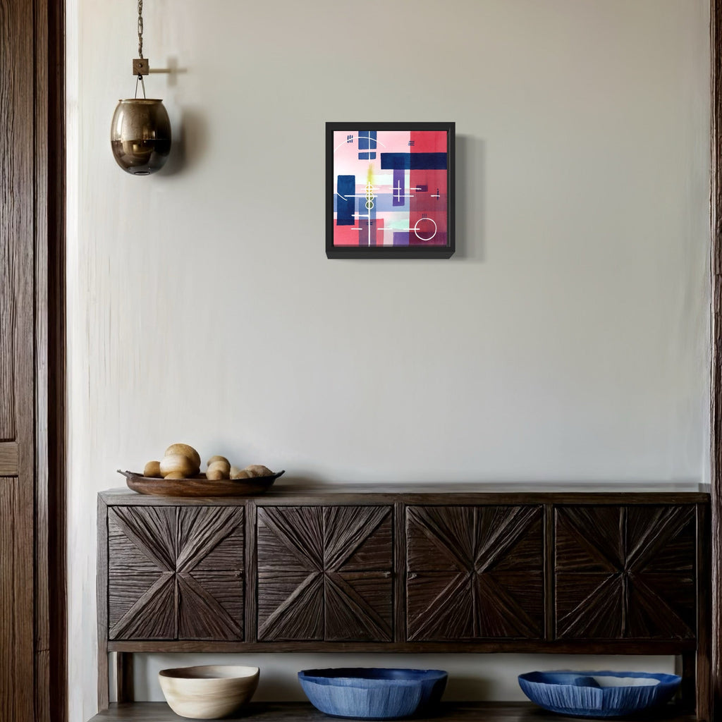 The artwork 'Expanding Knowledge' by Arthur Norcome features a geometric abstract watercolor composition in navy blue, pink, and white squares arranged in a modernist grid pattern. The 8x8 inch piece displays clean lines and blocks of color, creating a balanced contemporary design with subtle color transitions and architectural precision. By Arthur Norcome.