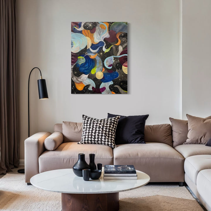 The artwork, Fabric Of Cosmos #10, by Sonomi Kobayashi, displayed in a room.
