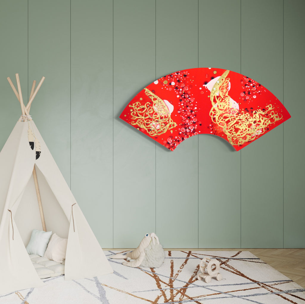 The artwork 'Fate's Fête' by Eric Jiaju Lee features a vibrant fan-shaped composition with a bold red background adorned with delicate golden butterfly motifs. Intricate swirling patterns in metallic gold create ethereal butterfly silhouettes, complemented by scattered cherry blossom elements. The acrylic on silk technique creates a luminous effect against the crimson backdrop.